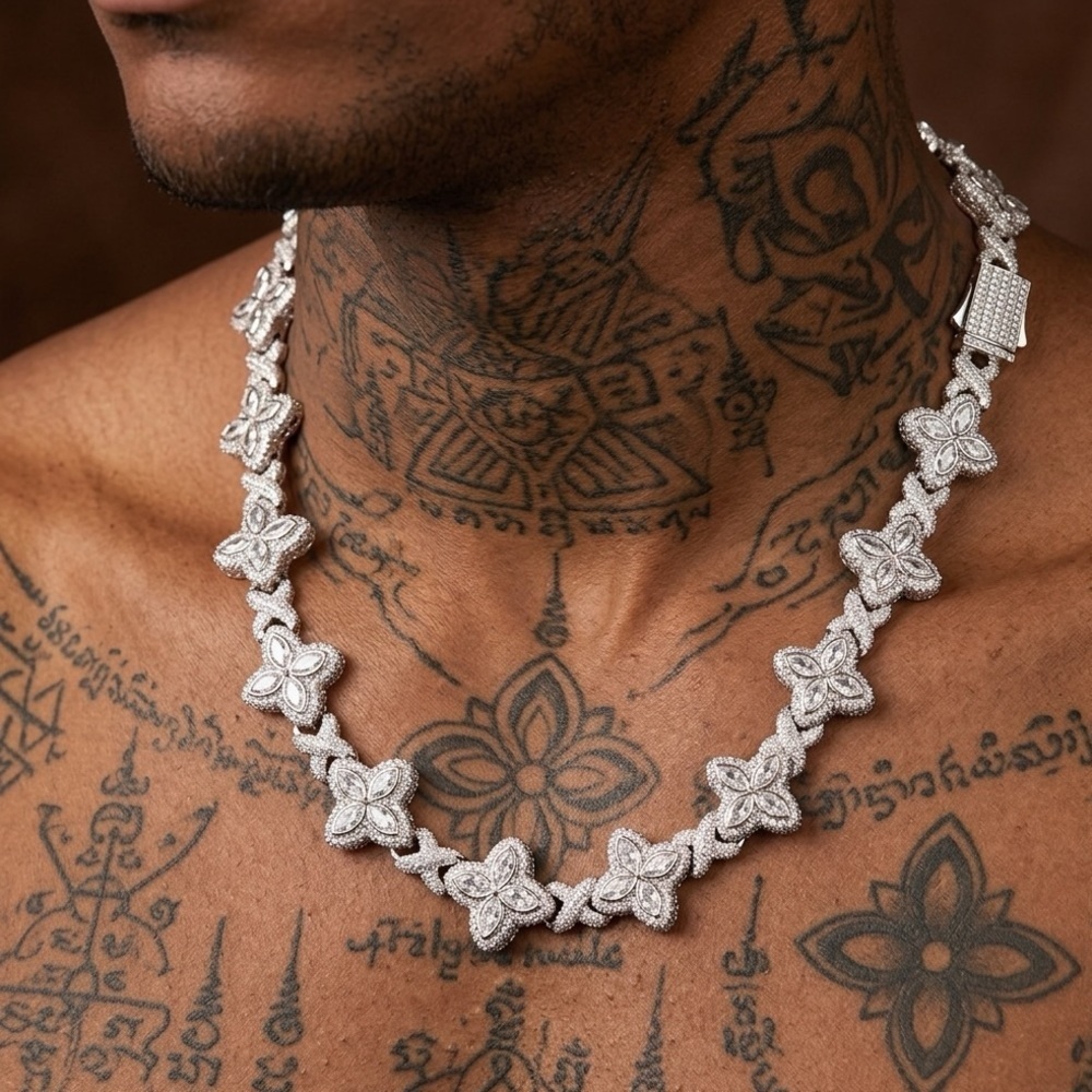 Crystal clover Flower Link Necklace - Silver 20inch